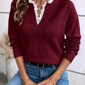 Resim Kadınlar için beyaz dantel trimli şık kırmızı V-Neck kazak - Yumuşak, rahat sonbahar ve kış için kazak, rahat veya şık kıyafetler için mükemmel, rahat kazak|Vneck kazak|Yumuşak kumaş 