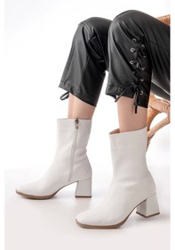 Resim Msk-032 Beyaz Topuklu Fermuarlı Kadın Bot Beyaz 