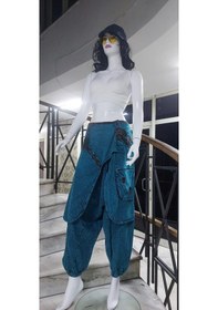 Resim Bohem Stil Hint Otantik Yıkamalı Taşlanmış Kapaklı Unisex Şalvar Pantolon-9187 Mavi 