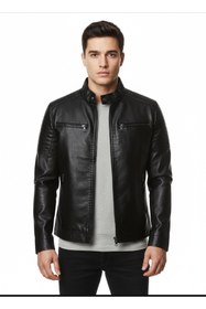Resim Barbarosshop Erkek Siyah Suni Deri Ceket Mont A Kalite Dar Kesim Slim Fit Motosiklet Biker Stili Fermuarlı 