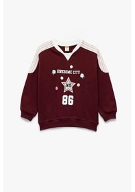 Resim Koton Kız Bebek Şardonlu Pamuklu Uzun Kollu Renk Kontrastlı V Yaka Baskılı Sweatshirt Bordo 