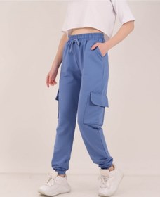 Resim giyadda Unisex Mavi Fit Oversize Kargo Pantolon - Kargo Eşofman Altı 
