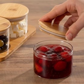 Resim Porsima HF009006 Yuvarlak 4lü Hava Geçirmez Bambu Standlı Cam Kahvaltılık Seti Bambu Kapaklı Saklama Kabı 250ml 