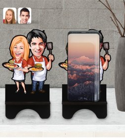 Resim Bk Gift Kişiye Özel Sevgililer Karikatürlü Ahşap Biblo Telefon Standı-57 
