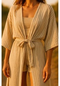 Resim Enhitbaby Udenya Çizgili Oversize Müslin Kimono + Hediye Toka Ekru 