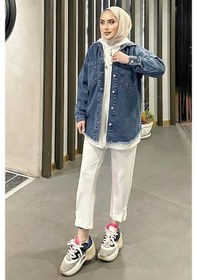 Resim Koyu Mavi Kar Yıkama Püskül Detay Kot Ceket Oversize Koyu Mavi 