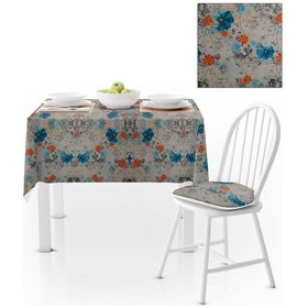 Resim Çiçek Desenli Mavi Turuncu Dijital Baskılı Süet Dokuma Masa Örtüsü 140x260 