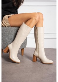 Resim Shoetek Nilsın Kadın Çizme Kalın Topuklu Fermuarlı Bej Deri Bej Cilt 