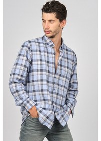 Resim De Leone Erkek Çizgili Uzun Kollu Yün Apre Gömlek 0171101 Mavi Mavi 