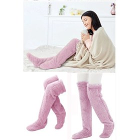 Resim Pembe Sock Peluş Uyku Çorabı Welsoft Diz Üstü Oda Çorabı Ayak Isıtıcı Uzun Gonç Çorap Pembe 