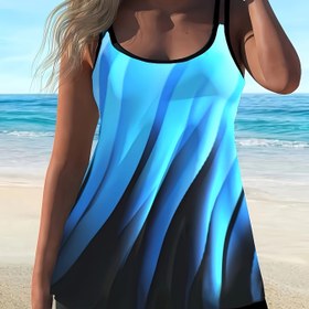 Resim Kadın Tankini Mayo, Yüksek Esneklikli Örgü Kumaş, %82 Polyester %18 Elastan, 195gsm, Rastgele Baskı, Yaz Plaj Giyim 