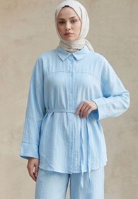 Resim adamila Kadın Açık Mavi Tesettür İkili Takım Gömlek Pantolon Takım Yazlık Rahat Kesim Oversize Günlük Kombi 