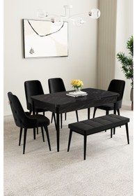 Resim Clara Siyah Mermer Desen 80x132 Açılabilir Yemek Odası Takımı 4 Sandalye, 1 Bench Siyah 