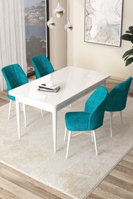 Resim Canisa Arp Serisi, Beyaz Masa 71x110 Sabit Yemek Odası Takımı, 4 Turkuaz Sandalye 