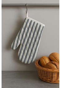 Resim Çizgili Fırın Eldiveni Isıya Dayanıklı Kalın Dokulu Pamuklu Mutfak Eldiveni Askılı Antrasit 