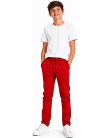 Resim 4bb2 Çocuk Kırmızı Full Likralı Destan Kumaş Ribana Bel Lastikli Okul Pantolonu 