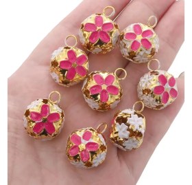 Resim Çiçekli Kulplu Çan, Hayvan Tasma Zili, Amigurumi Zili, Kına Gecesi Tef Yapımı Zili 20 Adet Fuşya 