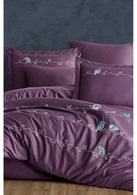 Resim Vogel Nakışlı %100 Pamuk Saten Çift Kişilik Nevresim Takımı Mürdüm Mürdüm 