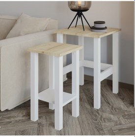 Resim İnarch Dizayn Gina 2 Li Kare Sehpa Seti Modern,iç İçe Geçebilen,yer Tasarruflu Tasarım,ahşap Ayaklı Safir Meşe 