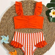 Resim Çocuklar İçin Turuncu Çizgili İki Parça Mayo, Ruffle Detaylı, Yüksek Esneklikli Polyester Spandex Karışımı, Spagetti Askılı Üst, 3 Yaş Üzeri 