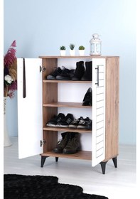 Resim Luna 2 Kapaklı 4 Bölmeli Modern Ayakkabılık - Beyaz / Çam Desenli 