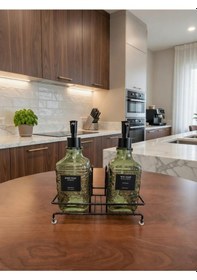 Resim Modern Çizgili - Kabartmalı Cam İkili Sıvı Sabunluk & Deterjanlık Seti - 500ml Standlı Mutfak Ve Banyo Organizeri Yeşil 