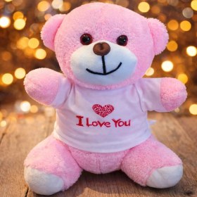 Resim I Love You Tişörtlü Pembe Peluş Ayıcık 