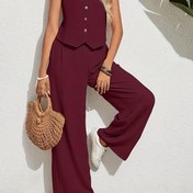 Resim Kadınlar için Şık Düz Renkli Rahat Takım Elbise - Düğmeli Ön V Yaka Yelek ve Elastik Bel Pantolon Seti, Hafif Polyester, İlkbahar/Yaz İçin Mükemmel, Şık Kıyafet|Çok Yönlü Moda|Düğme Kapatma Tasarımı 