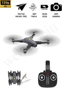 Resim welcomein 720 P Kameralı Drone 20 Dk Uçuş Süreli 2.4 GHz Katlanabilir 1500 mAh Bataryalı Telefon Kontrollü 