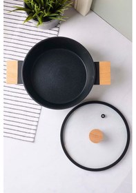 Resim Cookwood Black İndüksiyon Tabanlı Ahşap Kulplu Kapaklı Seramik Derin Tencere 20 Cm Sıyah Siyah 