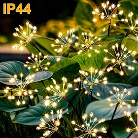 Resim 1 Paket Sıcak Beyaz 120 LED Güneş Enerjili Havai Fişek Işıkları, Bahçe Dekorasyonu için 8 Modlu Solar Alacakaranlık ve Şafak Lambası, Balkon Teras Aydınlatması için Güneş Enerjili Yıldız Patlaması Lambaları 