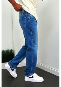 Resim Baggy Rahat Kalıp Lacivert Taşlamalı Kot Pantolon-Erkek Lacivert 