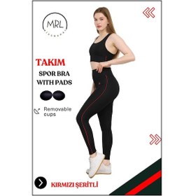 Resim Missmaral Kadın Spor Takım Yüksek Bel Tayt Pedli Büstiyer Sport Team High Waist Padded Bustier Black 3047 Siyah Kırmızı 