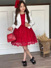 Resim Uğur Böceği Çocuk Kız Çocuk 4'lü Şık Abiye Takım Elbise Ceket Çanta Toka Kırmızı 