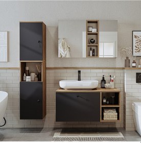 Resim "lavabolu" Mdf 95 Cm Lotus Oval Lavabolu Banyo Dolabı Atlantik Çam - Antrasit 