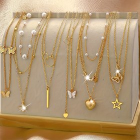 Resim 11 Parça/5 Parça Yaratıcı Moda Beş Köşeli Yıldız Sentetik Kelebek Detaylı Çok Katmanlı Kadın Kolye Seti, Gezme ve Plaj Tatili İçin Uygun Takı Hediyesi 