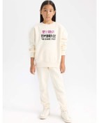 Resim DeFacto Kız Çocuk 2'li Takım Baskılı Kalın Sweatshirt Üst Beli Lastikli Jogger Eşofman Altı D4869A824WNER99 Ekru 