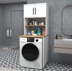 Resim Enda Home Çamaşır Makinesi Dolabı 3 Raflı Kapaklı Banyo Dolabı Atlantik Çam - Beyaz 