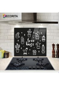 Resim Decorita Cam Ocak Arkası Koruyucu|Free Hugs-Siyah Fon| 52cmx60cm 