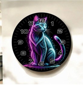 Resim Mavi Mor Kedi Renkli Baskı Hayvan Desenli Sayılı Hediyelik Ahşap Sessiz Duvar Saati 50cm ÇOk Renkli 