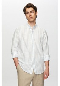 Resim Ds Damat Slim Fit Açık Mavi Çizgili Düğmeli Yaka %100 Pamuk Flamlı Yazlık Keten Görünümlü Gömlek 0HC02ORT06265 Açık Mavi 