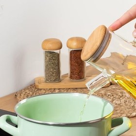 Resim Porsima 401275 4'lü Alisa Bambu Kapaklı Borosilikat Ölçekli Cam Yağlık Silikon Tabanlı Yağdanlık 800 Ml 