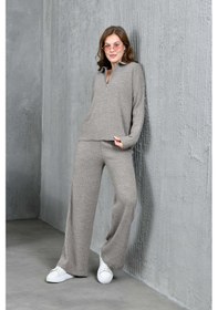 Resim Park Karon Kadın Vizon Polo Yaka Oversize Kazak Pantolon Triko Alt-üst Takım 10955 Vizon 