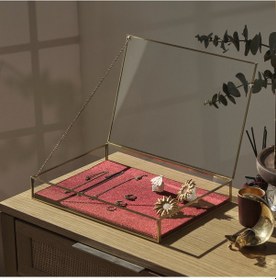 Resim Kadife Tabanlı Cam Kutu Takı, Aksesuar, Sunum Kutusu Pirinç 