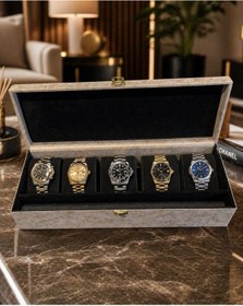 Resim Decart Dizayn Lüks Saat ve Yüzük Saklama Kutusu 6’lı Bölmeli Kadife İç Kaplama Premium Organizer 