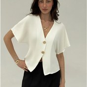 Resim Şık Batwing Kollu Çift Düğmeli Açık Ön Minimalist Beyaz Gömlek 