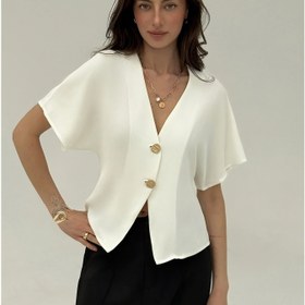 Resim Şık Batwing Kollu Çift Düğmeli Açık Ön Minimalist Beyaz Gömlek 