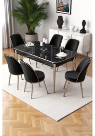 Resim Canisa Nira Serisi 70x114 Mdf Siyah Mermer Desen Mutfak Masa Takımı 6 Siyah Sandalye Krom Detay Masa Siyah Mermer Sandalye Siyah Ayaklar Krom 