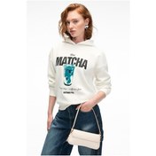 Resim YANMESA Kadın Oversize Baskı Ve Nakış Detaylı Uzun Kollu Kapüşonlu Beyaz Sweatshirt 