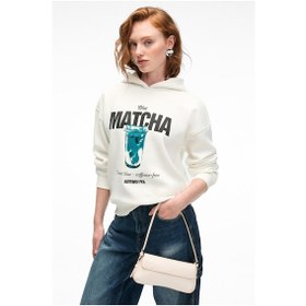 Resim YANMESA Kadın Oversize Baskı Ve Nakış Detaylı Uzun Kollu Kapüşonlu Beyaz Sweatshirt 